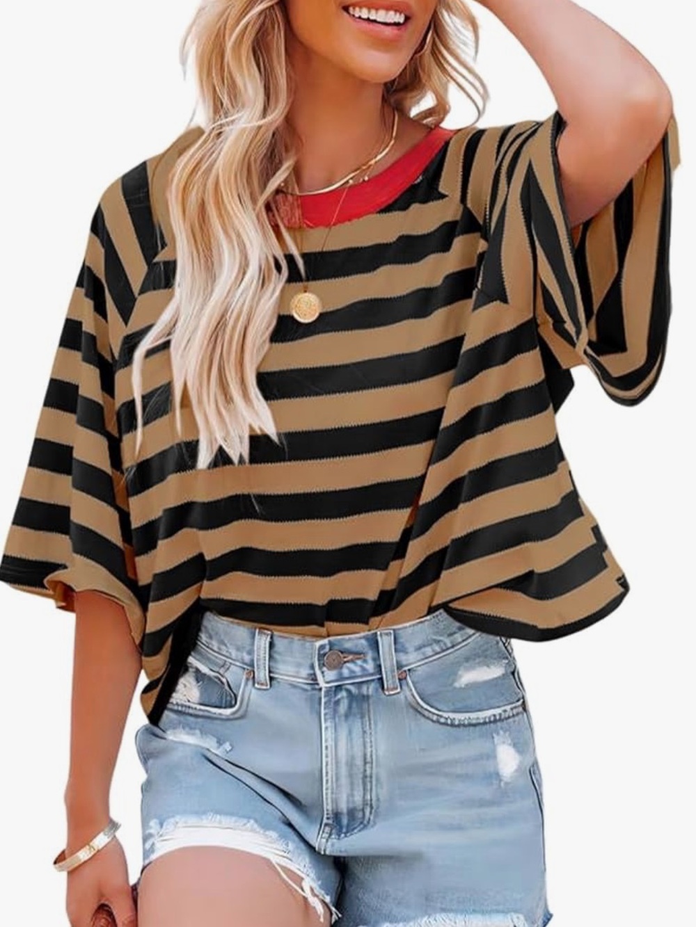 Amazon Striped Crop Top in Black, Tan and Red Trim